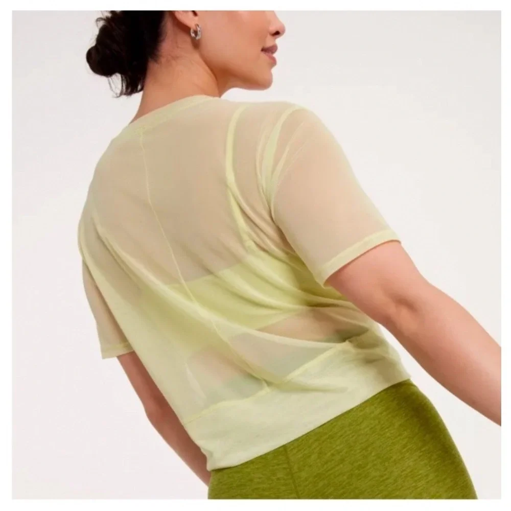 New CALIA Mesh Front Twist Top Medium Yellow Cropped Tee Sheer Activewear Layer - Picture 2 of 9